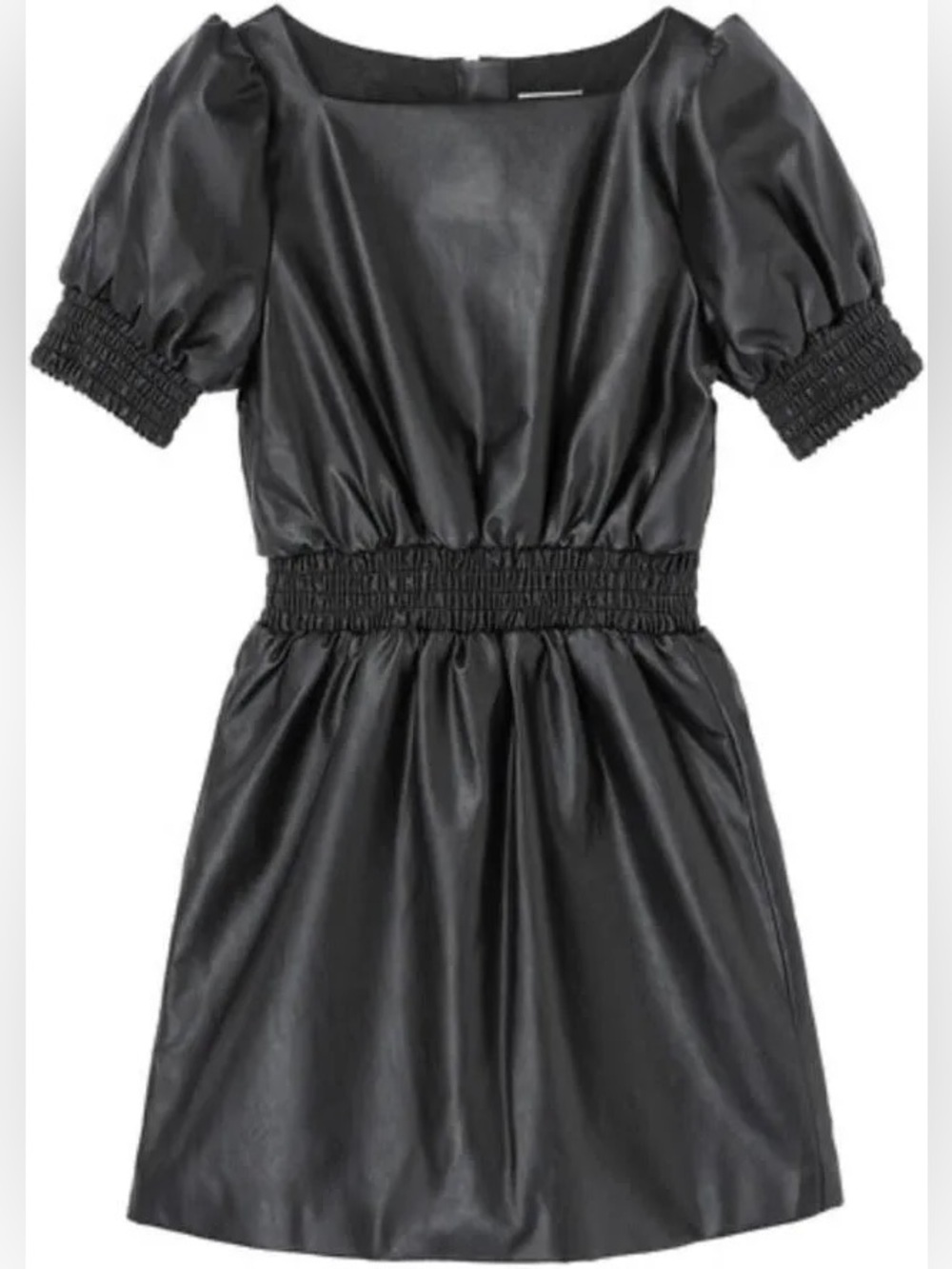 Habitual | Girl’s Black Faux Leather Short Puff-Sleeve Back Zip Mini Dress Sz 16